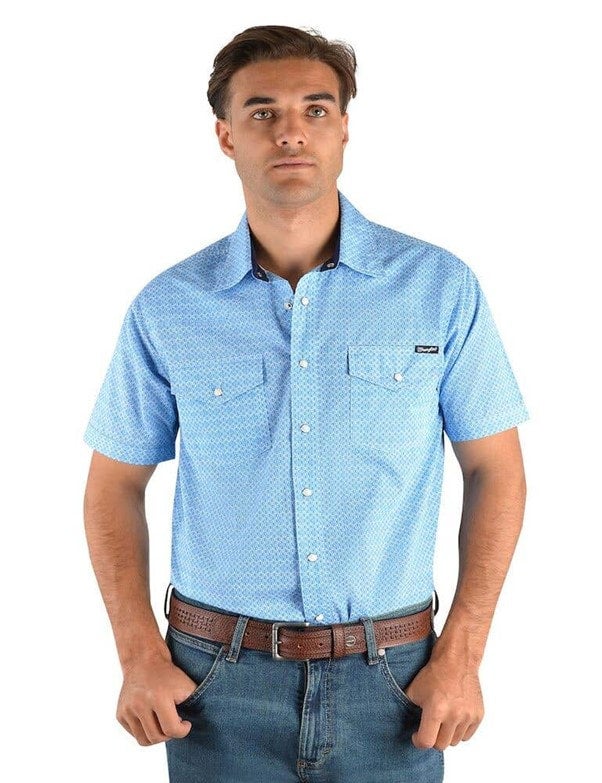 Wrangler Mens Ferguson Short Sleeve Shirt Blue Goulburn Western Wear